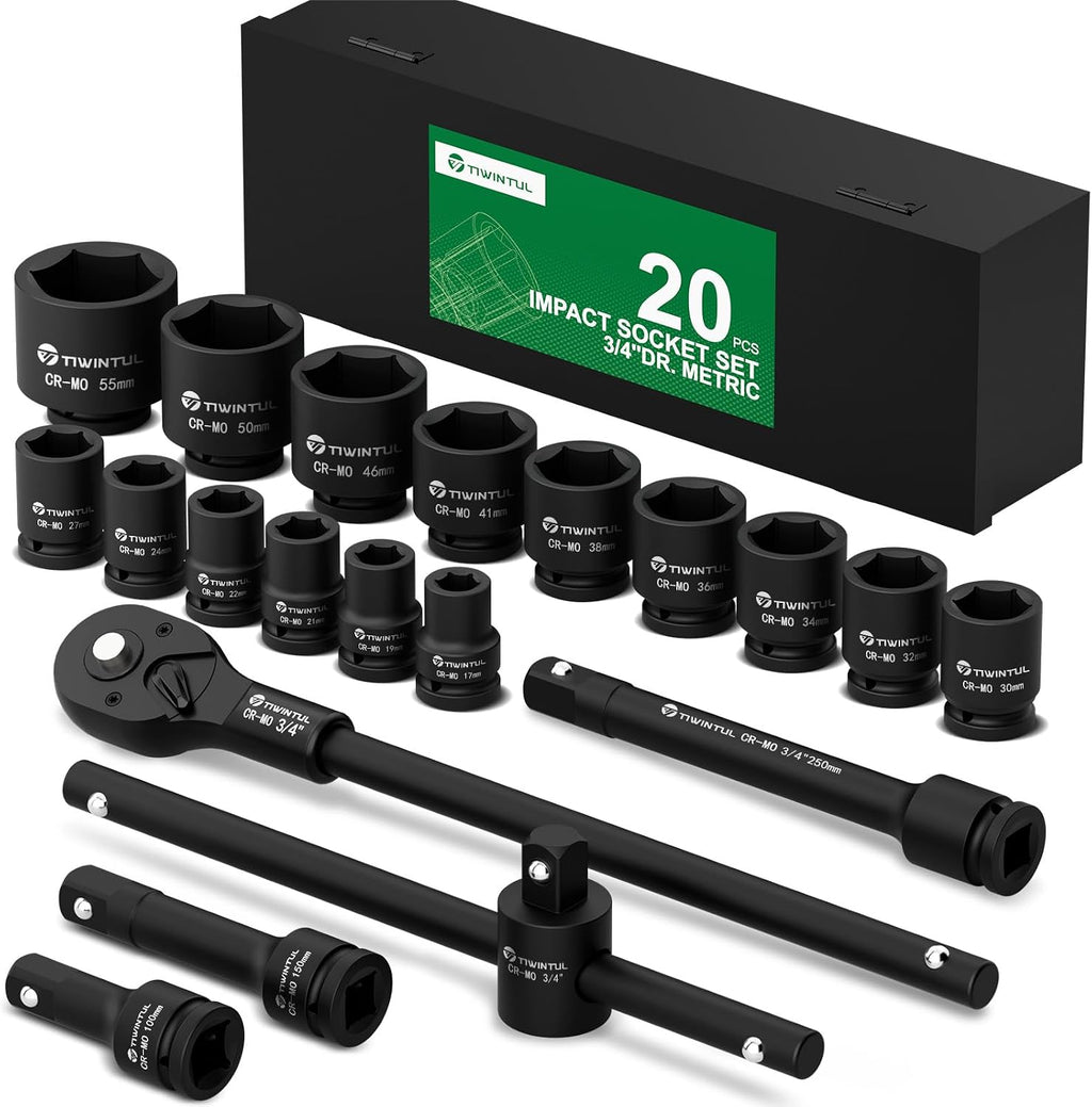 3/4 Inch Drive Impact Socket Set, 20 Pcs Metric 17mm to 55mm, Heavy Duty CR-MO Steel, 24T Ratchet Wrench, 18' Sliding T-Bar & Extension Bars, Metal Storage Case for Truck, Tractor Repair