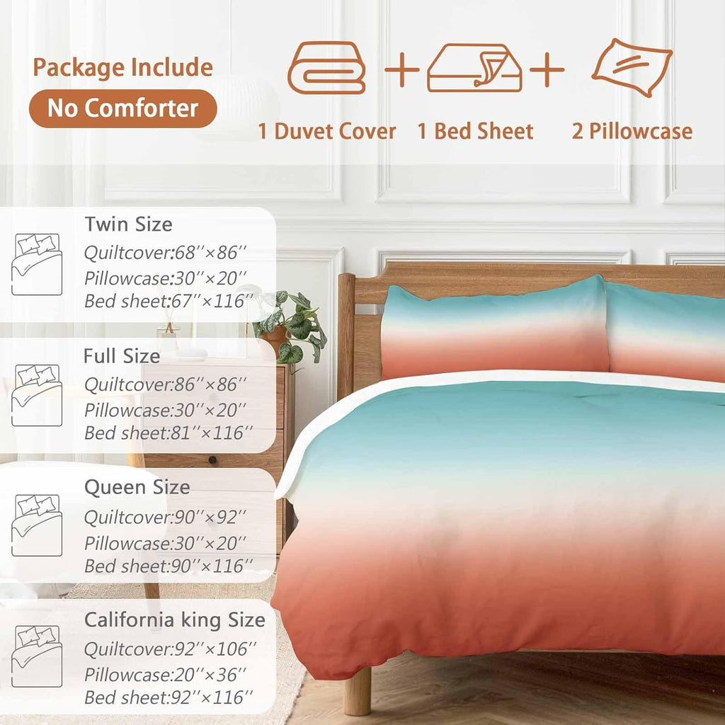 Gradient Orange Duvet Cover Set Queen Size 4 Pieces Modern Minimalist Green Orange Red Ocean Beach Bedding Set with Zipper Closure, 1 Comforter Cover 90x92 Inches 1 Flat Sheet & 2 Pillow Cases