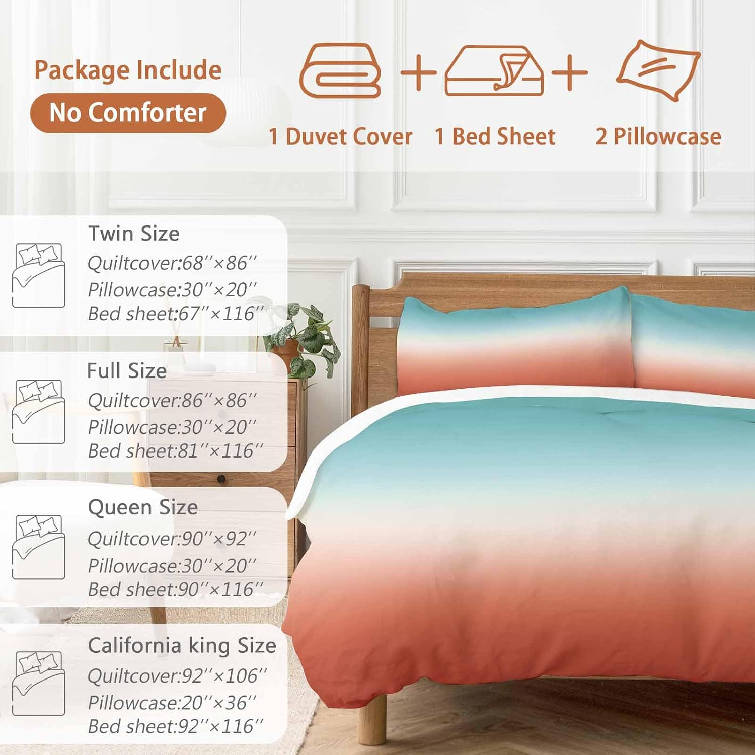 Gradient Orange Duvet Cover Set Queen Size 4 Pieces Modern Minimalist Green Orange Red Ocean Beach Bedding Set with Zipper Closure, 1 Comforter Cover 86x86 Inches 1 Flat Sheet & 2 Pillow Cases