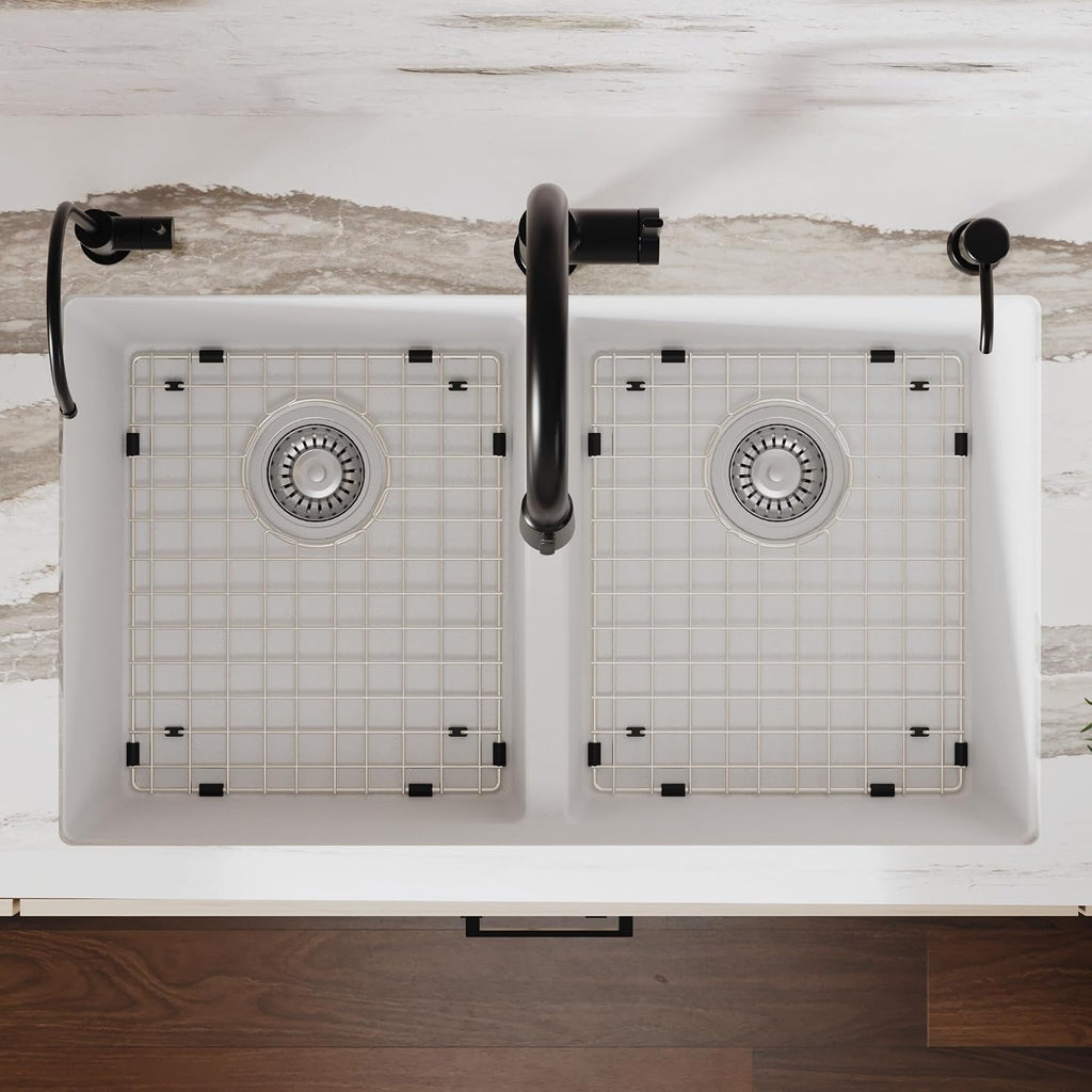 Karran QU-810 32' Undermount Double Bowl Quartz Kitchen Sink Kit, White Composite, Equal Bowls, Scratch Resistant, Heat Safe, Noise Reducing, Includes Grids & Strainers