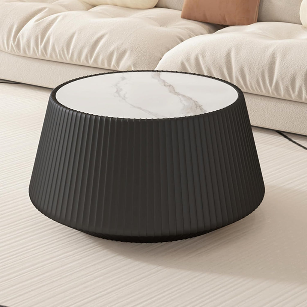 Round Living Room Table Set, 26.77' Black Drum Center Table and 19.68' White Coffee Table Set, 2 Pieces Coffee Table Set with Sintered Stone Tabletop, Fluted PU Leather Covered and Stable Base