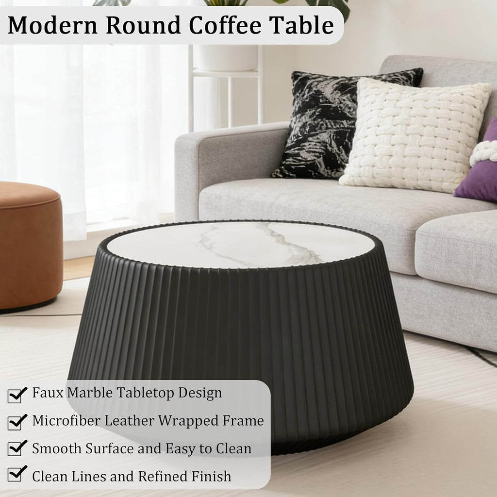 Round Living Room Table Set, 26.77' Black Drum Center Table and 19.68' Grey Coffee Table Set, 2 Pieces Coffee Table Set with Sintered Stone Tabletop, Fluted PU Leather Covered and Stable Base