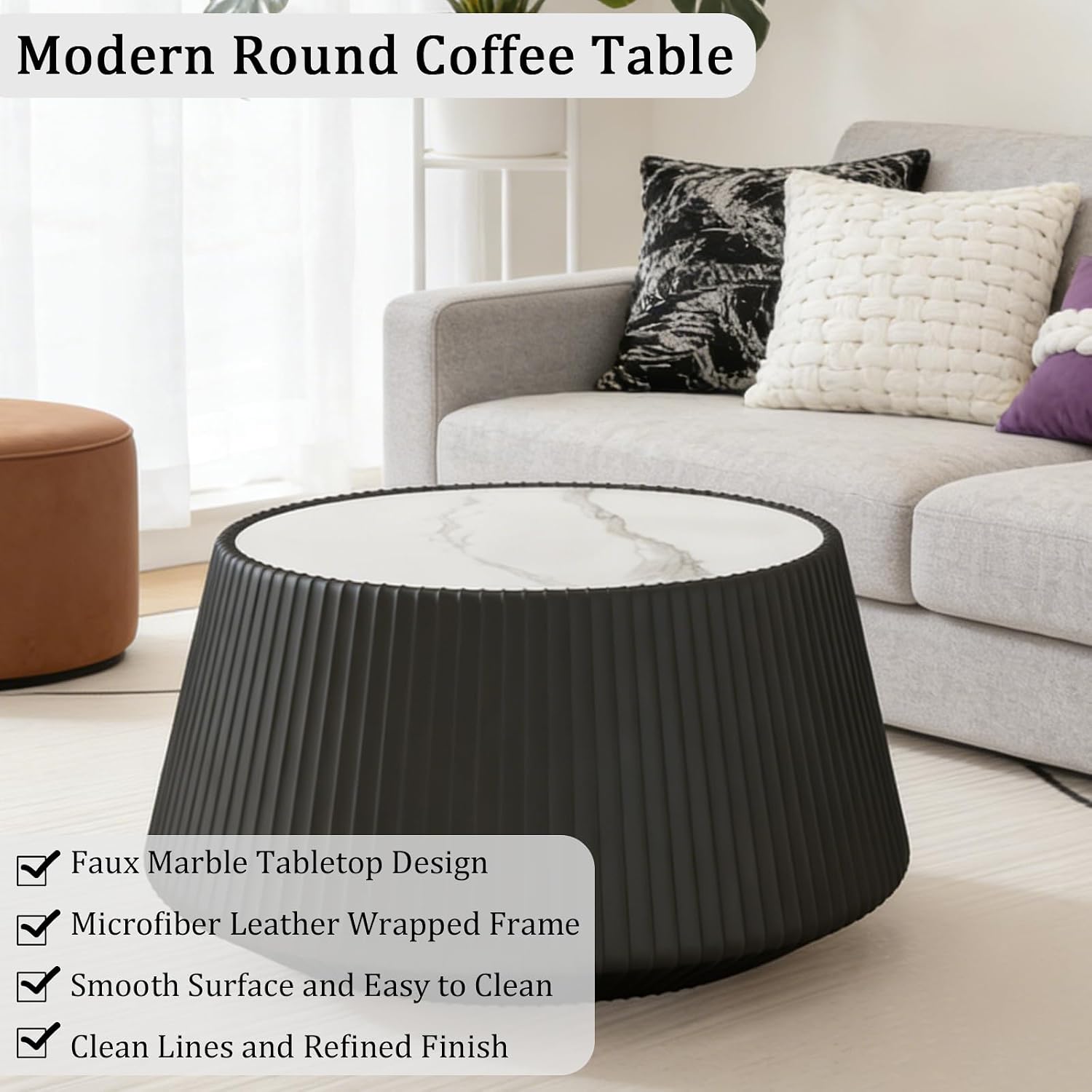 Round Living Room Table Set, 26.77' Black Drum Center Table and 19.68' Grey Coffee Table Set, 2 Pieces Coffee Table Set with Sintered Stone Tabletop, Fluted PU Leather Covered and Stable Base