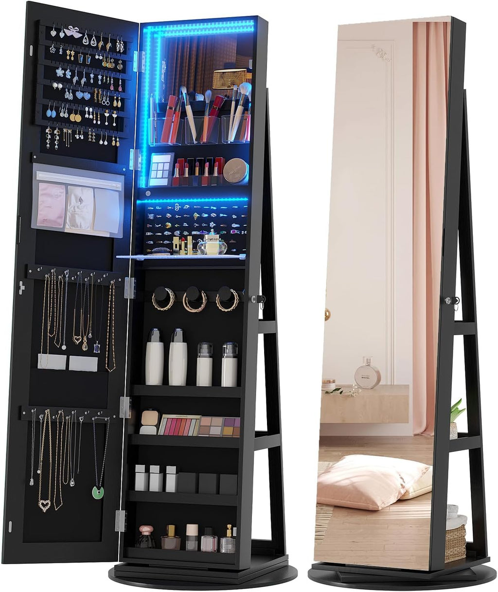 Vlsrka 360° Swivel Jewelry Cabinet with Lights, Lockable Jewelry Armoire Cabinet Standing, Full length Mirror with Storage, Space-Saving Jewelry Armoire Organizer, Gifts for Mom, Black