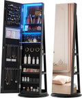 Vlsrka 360° Swivel Jewelry Cabinet with Lights, Lockable Jewelry Armoire Cabinet Standing, Full length Mirror with Storage, Space-Saving Jewelry Armoire Organizer, Gifts for Mom, Black
