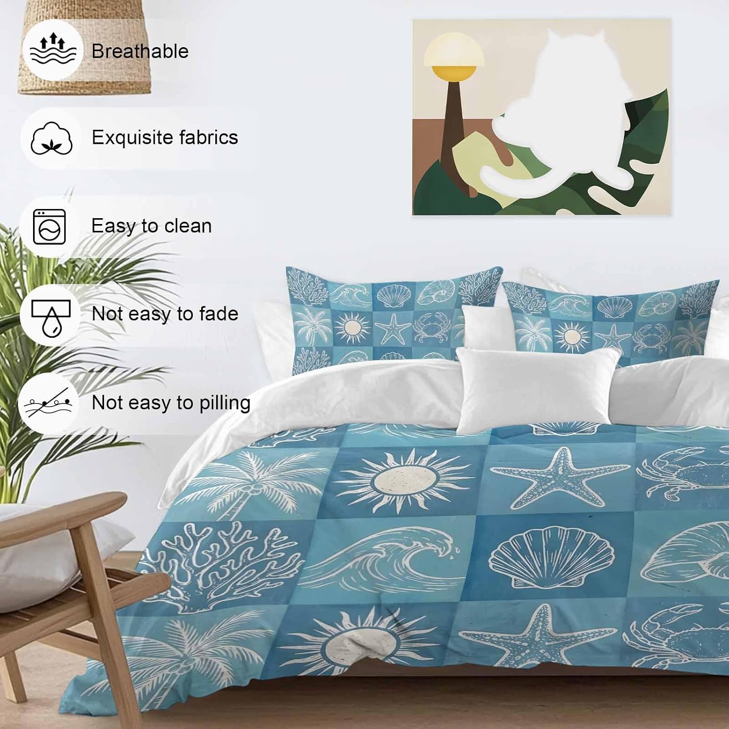 Prime Leader Blue Coastal Duvet Cover Set Queen Size 4 Pieces Summer Ocean Waves Shell Crab Coconut Tree Bedding Set with Zipper Closure, 1 Comforter Cover 92x106 Inches 1 Flat Sheet & 2 Pillow Cases