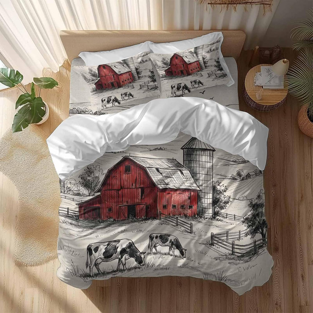Farmhouse Duvet Cover Set Queen Size 4 Pieces Pastoral Landscape Watercolor Barn Farm Dairy Cow Retro Bedding Set with Zipper Closure, 1 Comforter Cover 92x106 Inches 1 Flat Sheet & 2 Pillow Cases