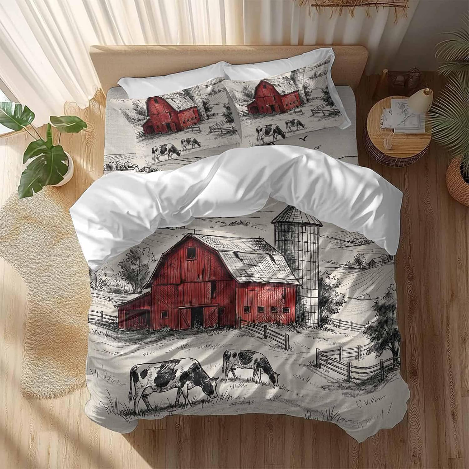 Farmhouse Duvet Cover Set Queen Size 4 Pieces Pastoral Landscape Watercolor Barn Farm Dairy Cow Retro Bedding Set with Zipper Closure, 1 Comforter Cover 92x106 Inches 1 Flat Sheet & 2 Pillow Cases