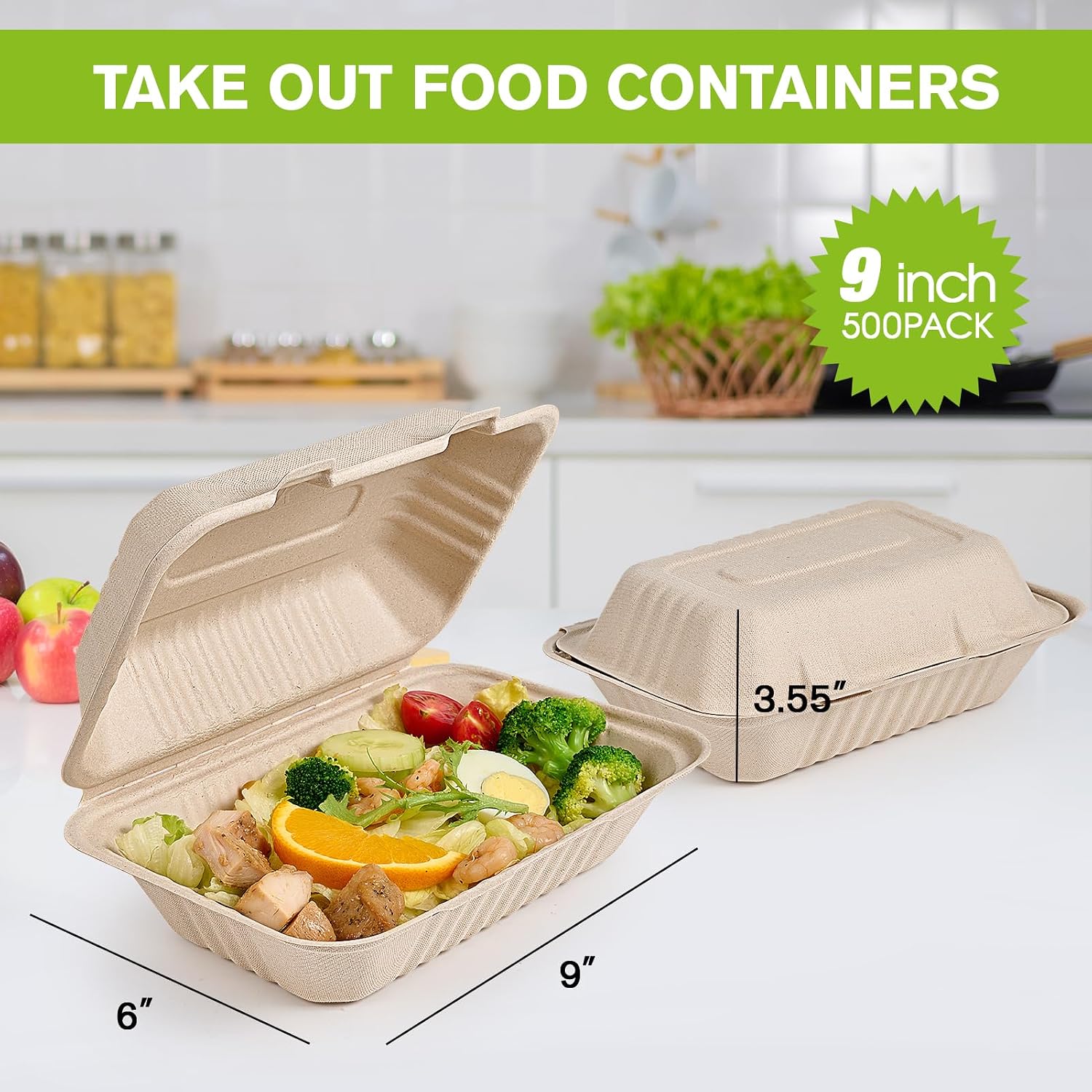 ECOLipak 500 Pack Clamshell Take Out Food Containers, 100% Compostable Disposable To Go Containers, 9X6 inch Heavy-Duty To Go Boxes for Food