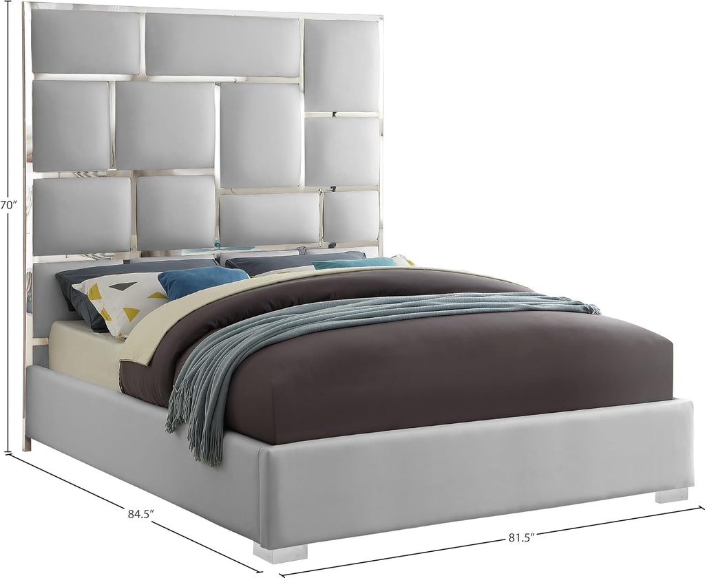 Meridian Furniture MilanWhite-K Milan Collection Modern Contemporary Vegan Leather Upholstered Bed, Custom Chrome Metal Legs, Geometric Designed Headboard, 81.5' W x 84.5' D x 70' H, White, King