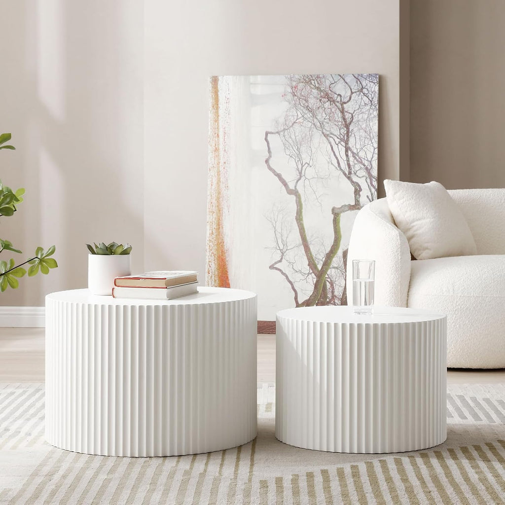 Round Nesting Coffee Table Set of 2 for Living Room, Modern End Table MDF Finish Side Table Circular Coffee Table 2 Pieces for Small Space No Assembly Request - White