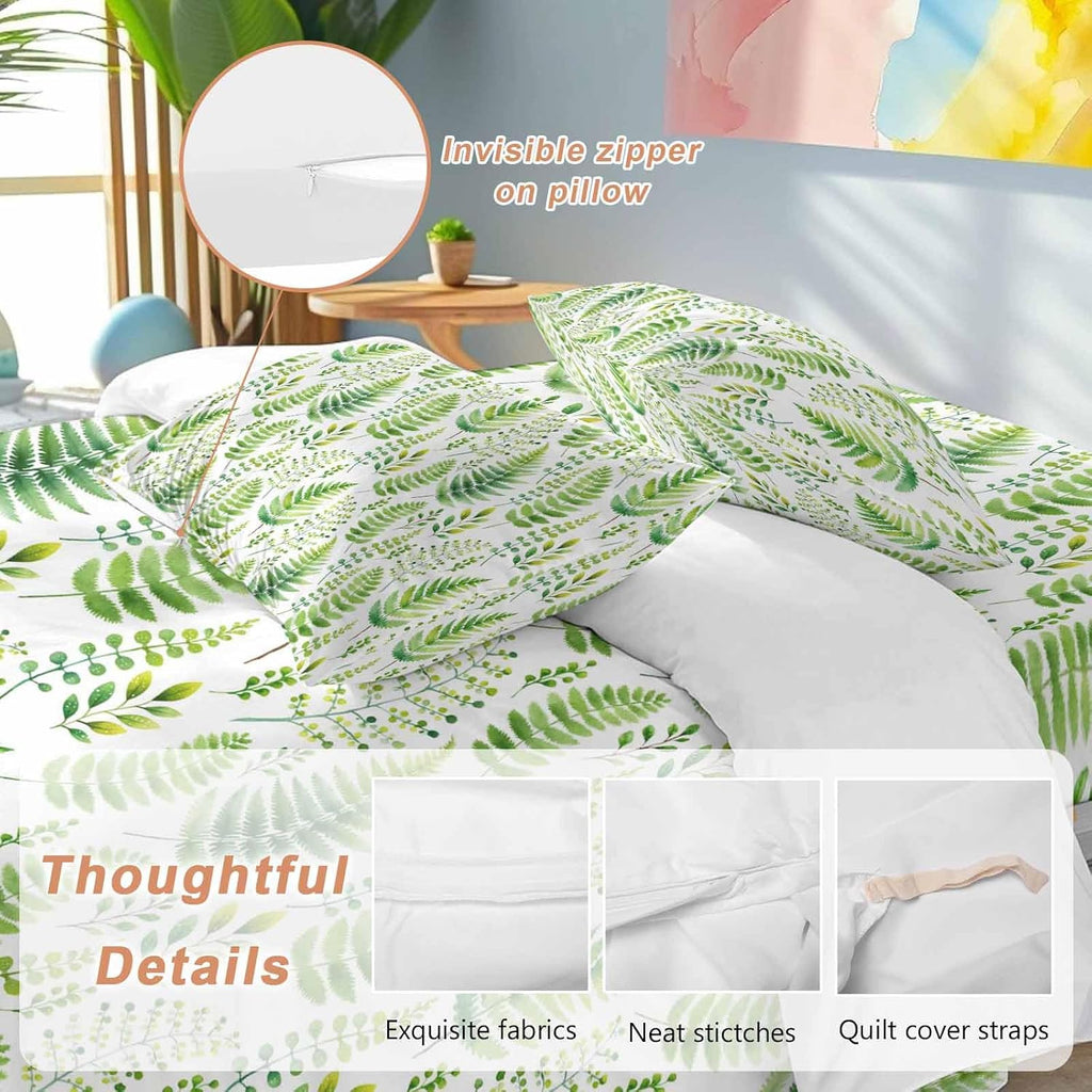 Prime Leader Spring Ferns Leaves Duvet Cover Set Queen Size 4 Pieces Watercolor Green Plant Fields Bedding Set with Zipper Closure, 1 Comforter Cover 92x106 Inches 1 Flat Sheet & 2 Pillow Cases