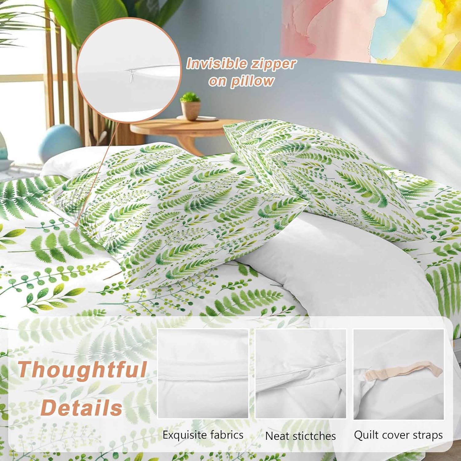Prime Leader Spring Ferns Leaves Duvet Cover Set Queen Size 4 Pieces Watercolor Green Plant Fields Bedding Set with Zipper Closure, 1 Comforter Cover 92x106 Inches 1 Flat Sheet & 2 Pillow Cases