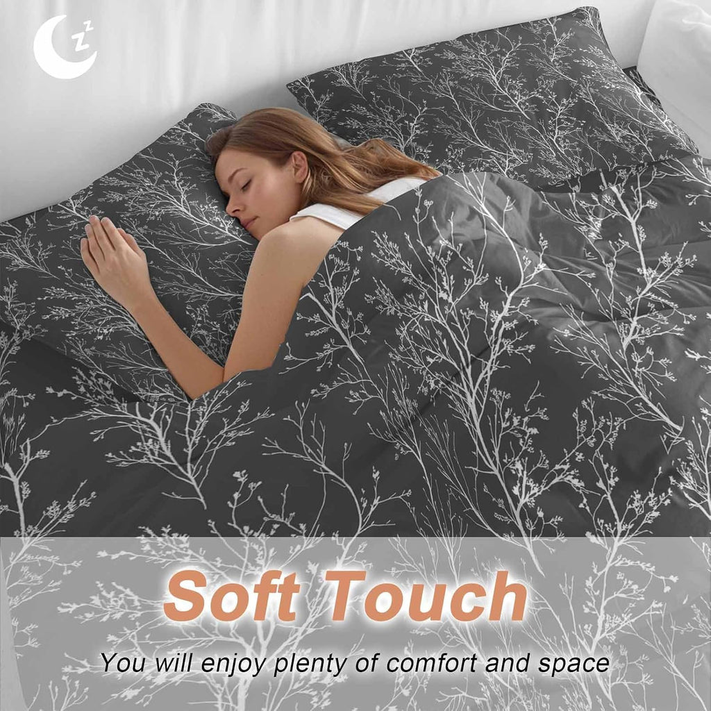 Dark Grey Duvet Cover Set Queen Size 4 Pieces White Tree Branch Botanical Abstract Plant Leaves Bedding Set with Zipper Closure, 1 Comforter Cover 92x106 Inches 1 Flat Sheet & 2 Pillow Cases
