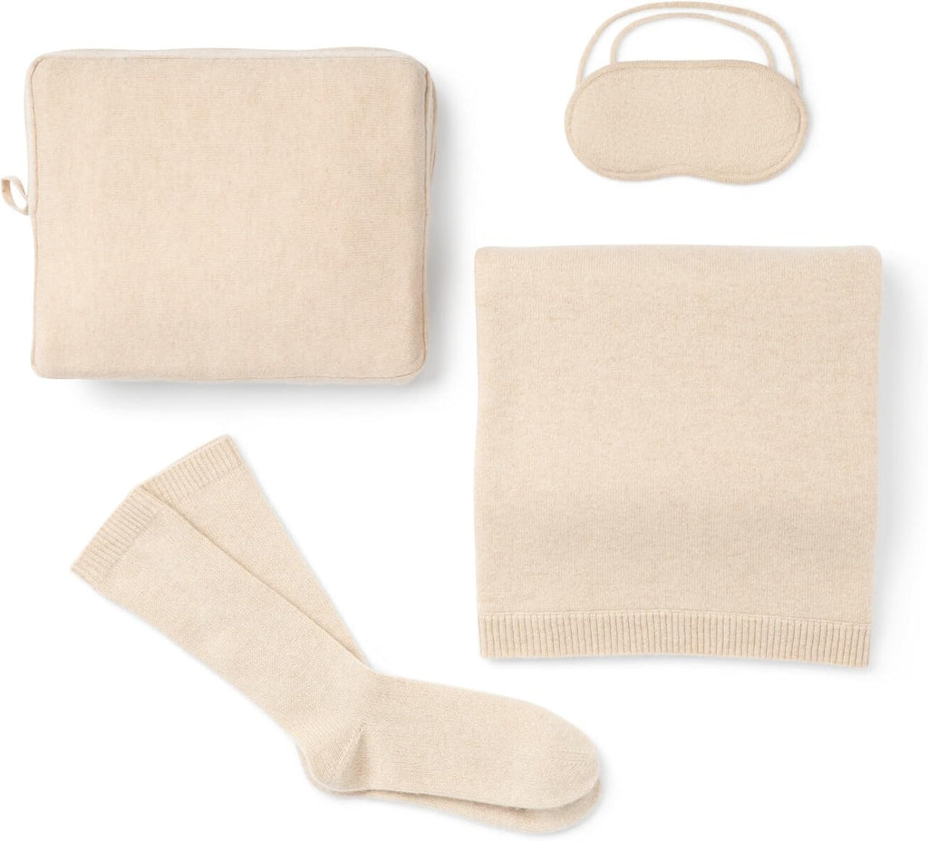 Jet&Bo 100% Pure Cashmere Travel Set: Blanket, Eye Mask, Socks, Carry/Pillow Case Natural in Gift Box