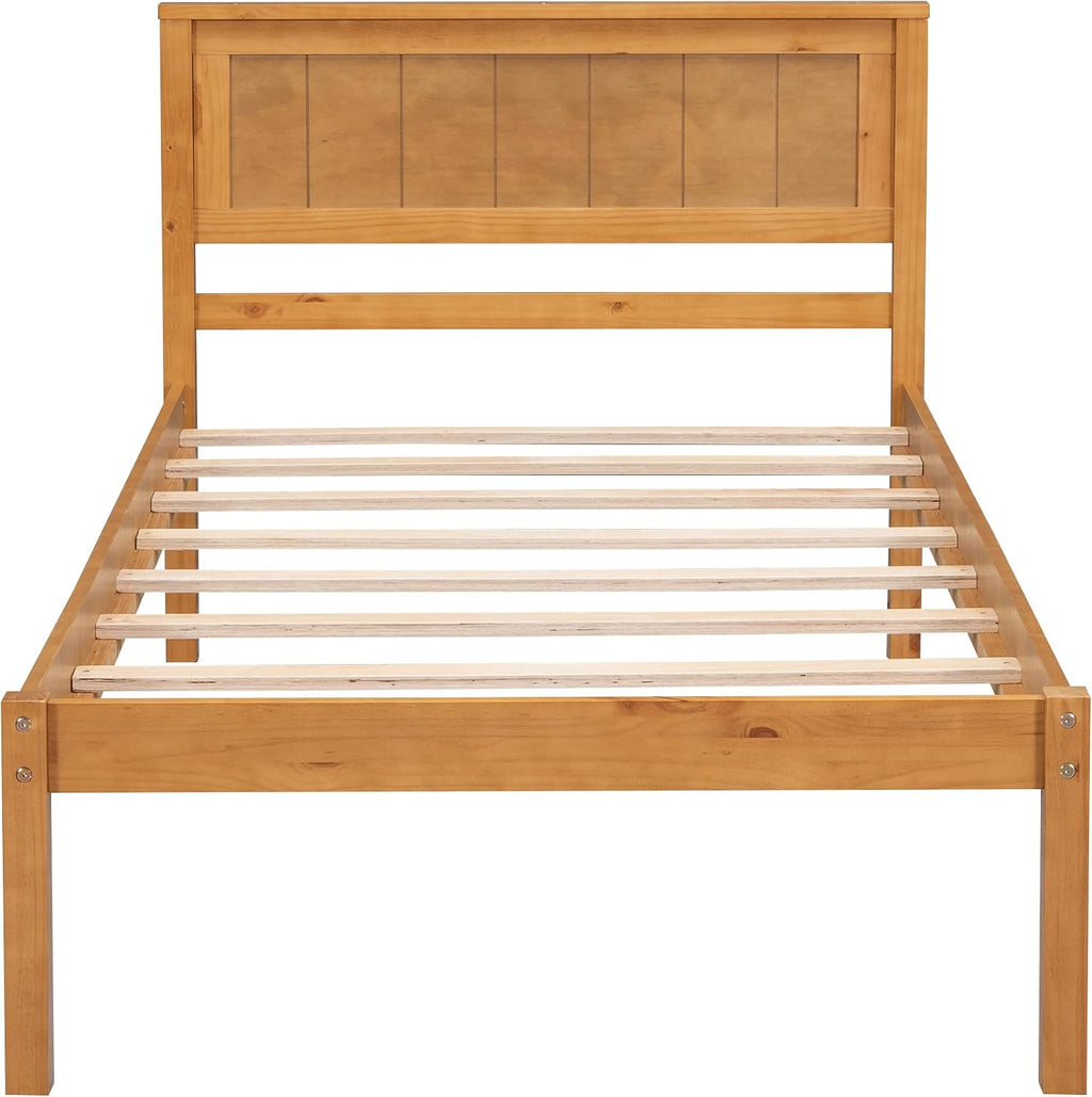 Twin Size Wood Bed Frame and Headboard, Modern Retro Brown Platform Beds Frames, Sturdy and Durable Design Rustic Wooden Bedroom Set, Easy Assembly, No Box Spring Needed (Oak, Twin)