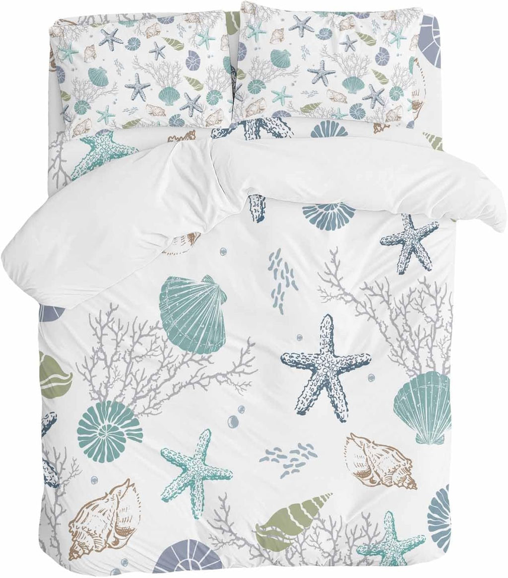 Prime Leader Summer Beach Duvet Cover Set Queen Size 4 Pieces Nautical Starfish Coral Shell Teal Ocean Bedding Set with Zipper Closure, 1 Comforter Cover 92x106 Inches 1 Flat Sheet & 2 Pillow Cases