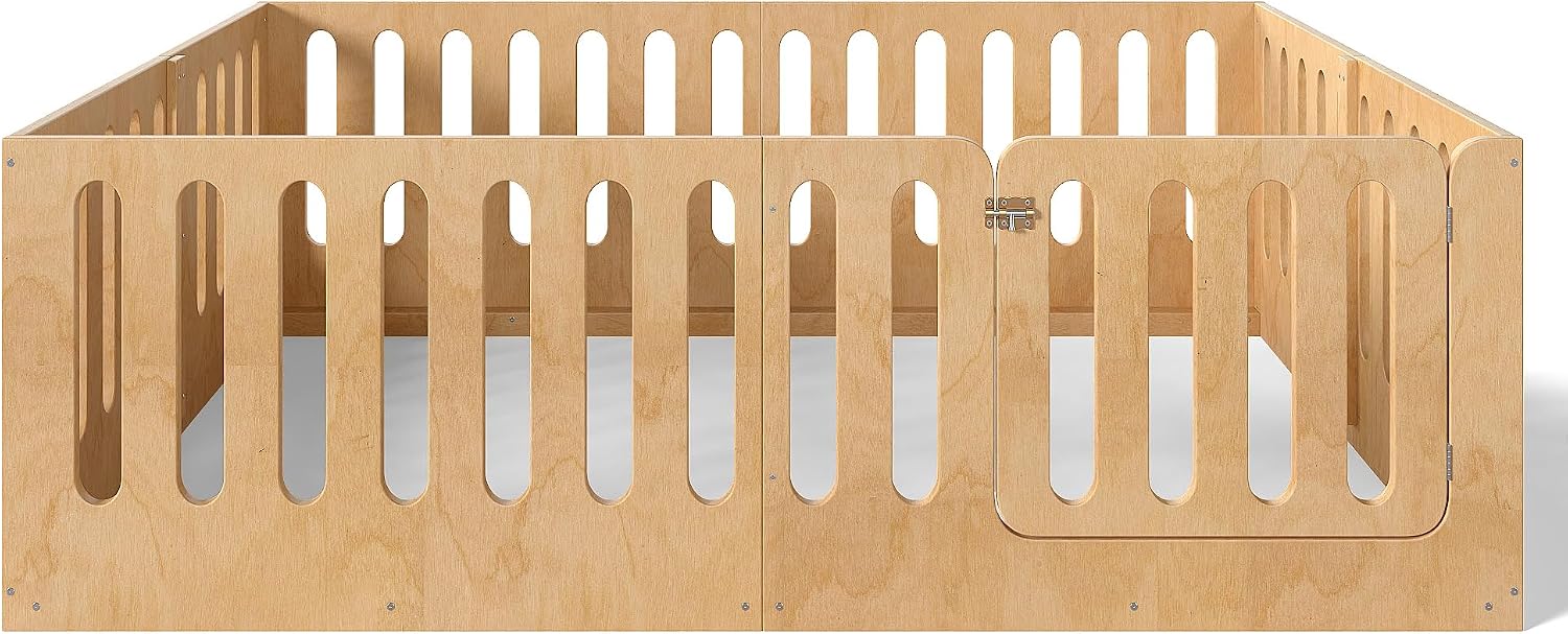 Bellemave Queen Size Kids Montessori Floor Bed,Queen Size Floor Bed Frame with High Fence and Door,Solid Wood Montessori Bed for Girls Boys,Natural