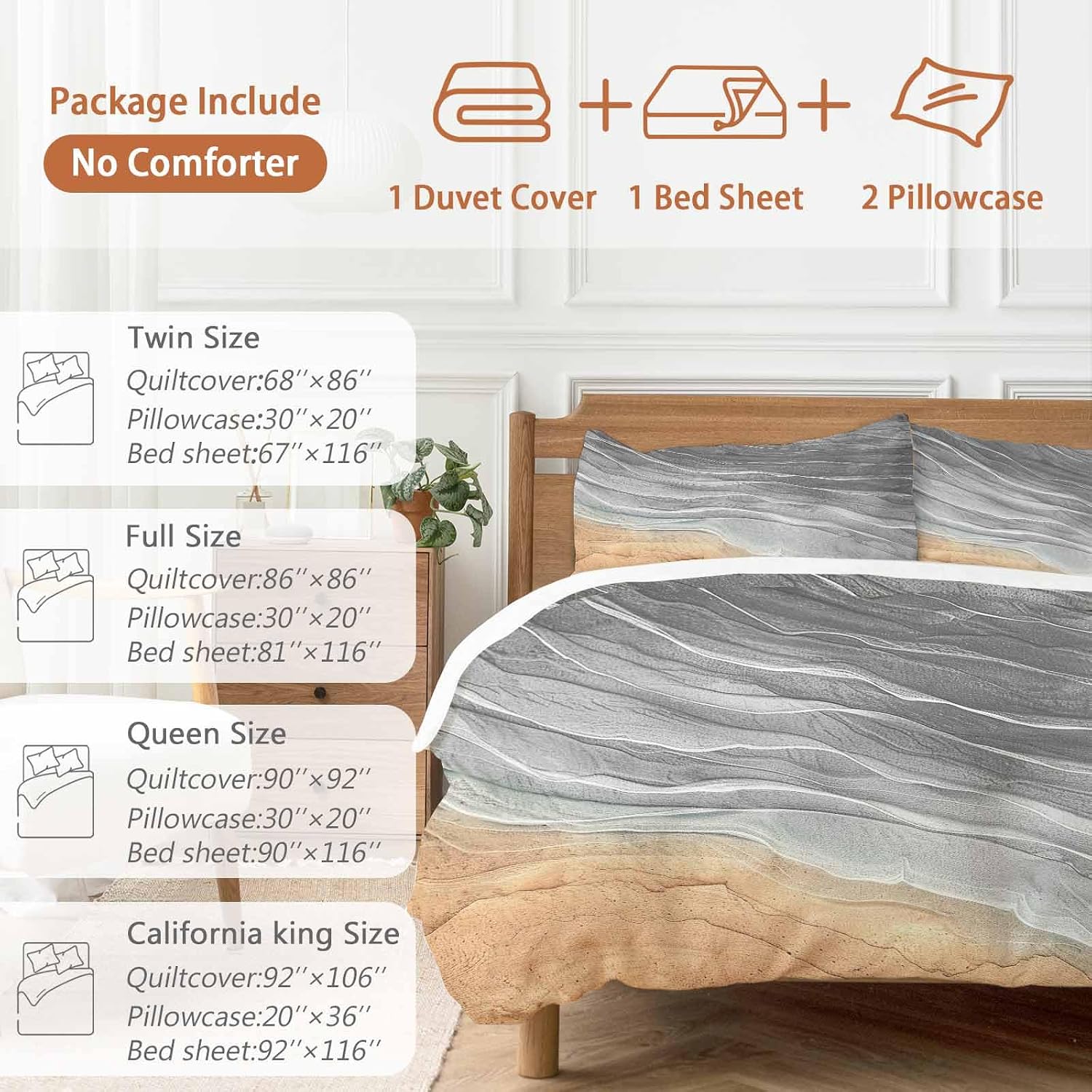 Prime Leader Abstract Grey Duvet Cover Set Queen Size 4 Pieces Ocean Beach Waves Lines Gradient Bedding Set with Zipper Closure, 1 Comforter Cover 86x86 Inches 1 Flat Sheet & 2 Pillow Cases