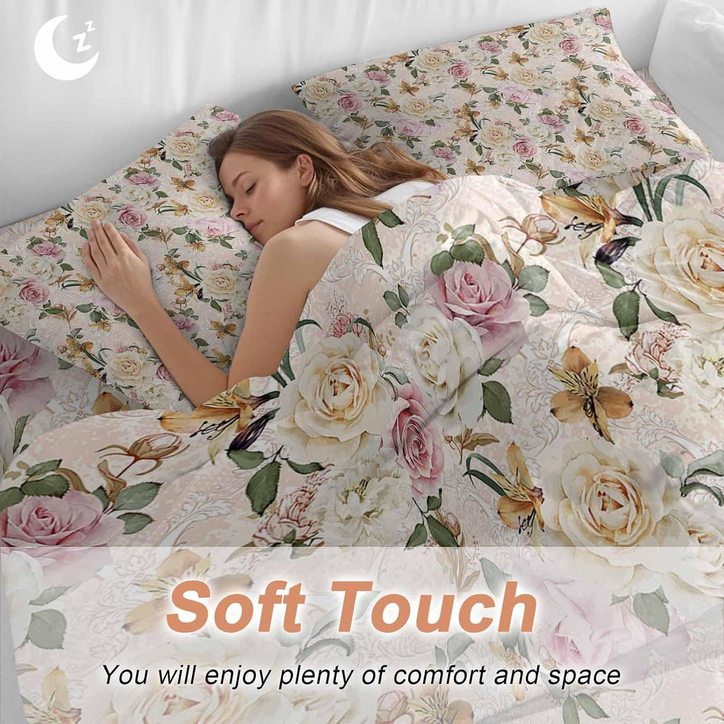 Prime Leader Floral Spring Duvet Cover Set Queen Size 4 Pieces Flower Retro Texture Bedding Set with Zipper Closure, 1 Comforter Cover 92x106 Inches 1 Flat Sheet & 2 Pillow Cases
