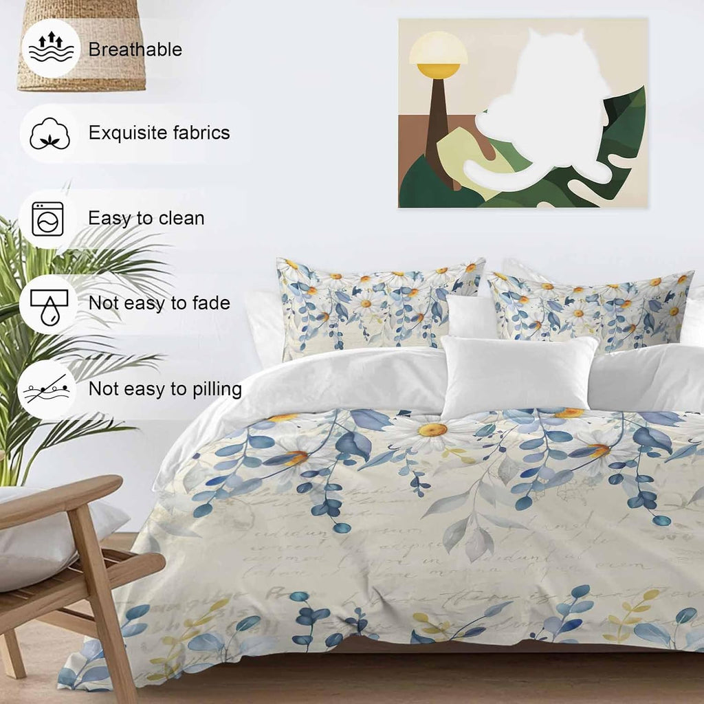 Spring Eucalyptus Leaves Duvet Cover Set Queen Size 4 Pieces Country Vintage Blue Leaf White Daisy Bedding Set with Zipper Closure, 1 Comforter Cover 92x106 Inches 1 Flat Sheet & 2 Pillow Cases