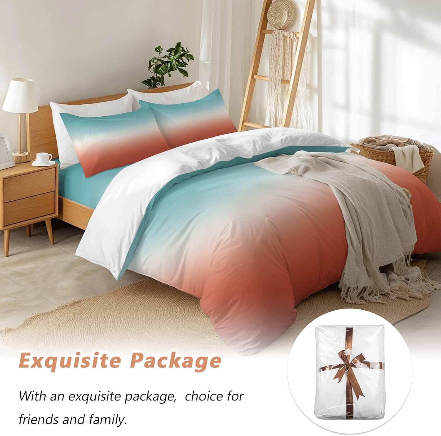 Gradient Orange Duvet Cover Set Queen Size 4 Pieces Modern Minimalist Green Orange Red Ocean Beach Bedding Set with Zipper Closure, 1 Comforter Cover 92x106 Inches 1 Flat Sheet & 2 Pillow Cases