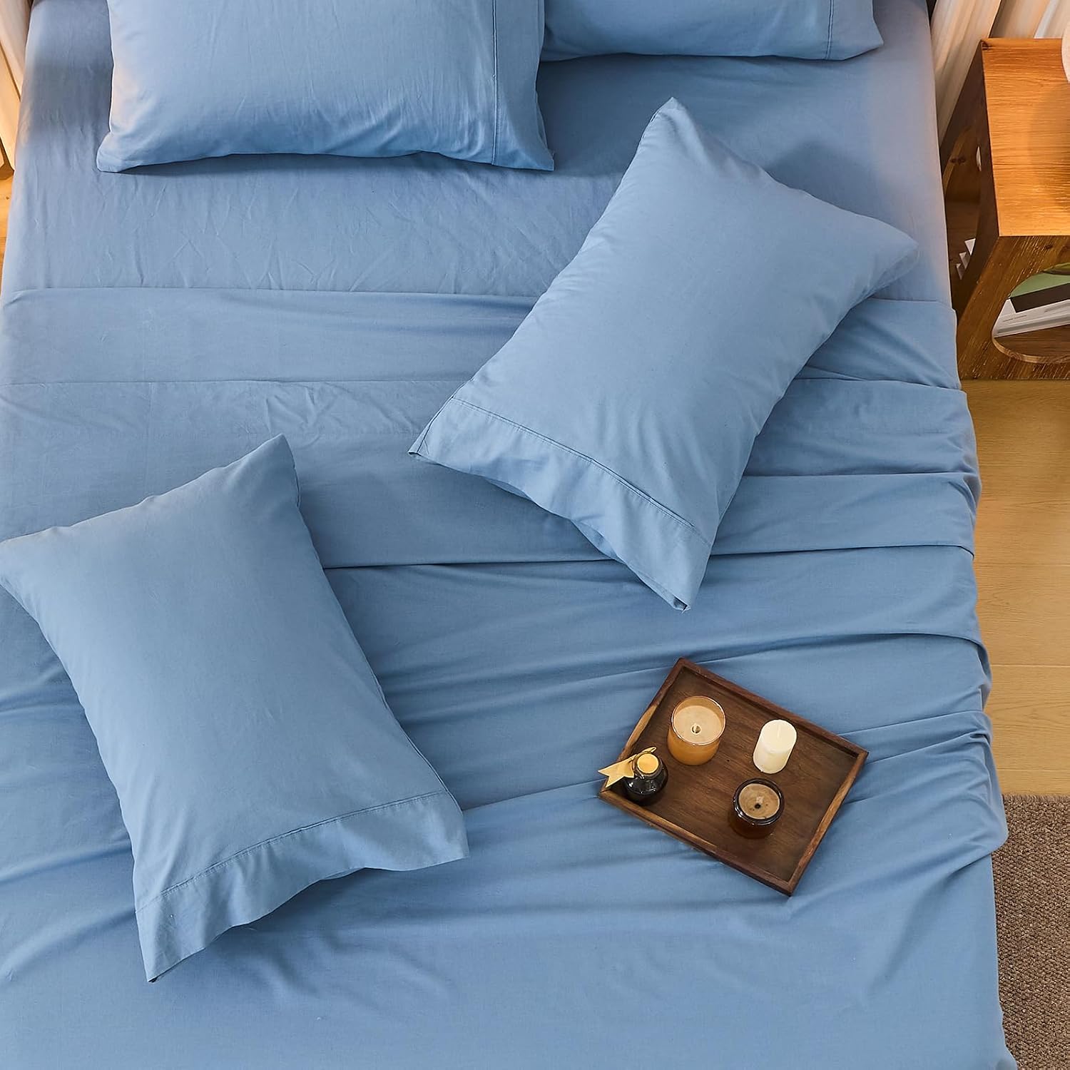 Bedlifes 100% French Flax Linen Sheets Set King Size - 6 Piece Extra Deep Pocket 18-24',Soft Breathable King Bed Sheets with Temperature Regulating & Moisture-Wicking(Flint Blue