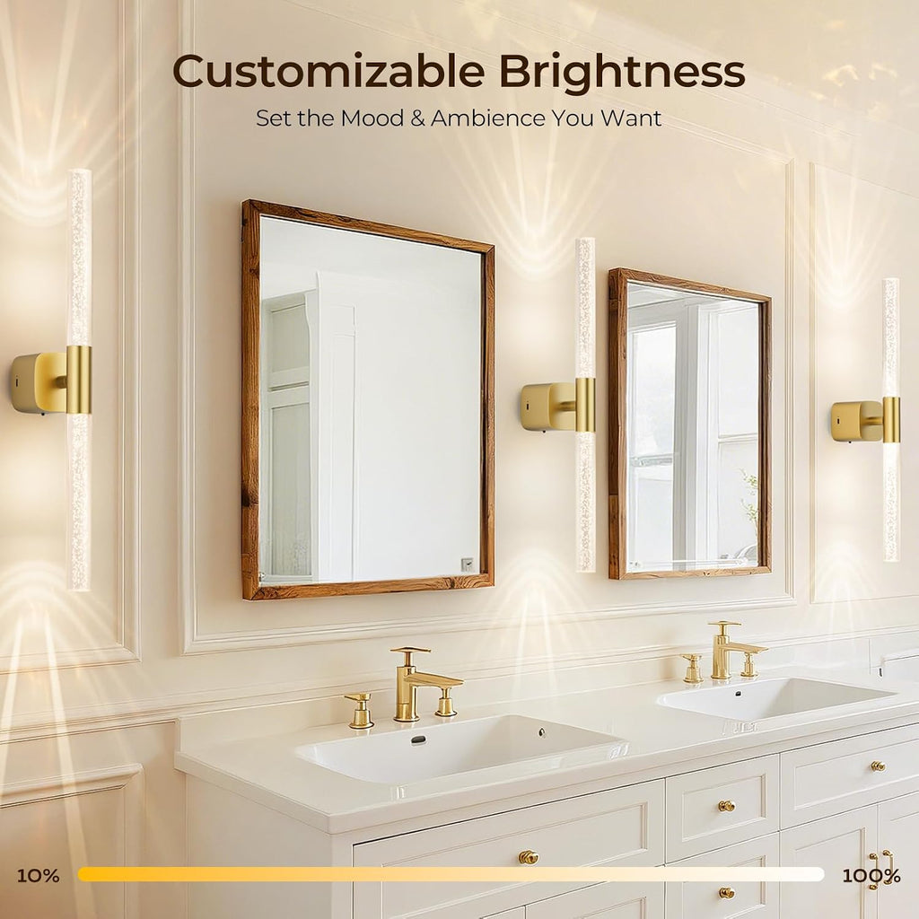 Battery Operated Wall Sconce Set of 2 Brushed Gold 12000mAh Rechargeable Wall Light with Crystal Acrylic 24' Wireless CCT Dimmable 350°Rotate Remote Wall Lamp for Bedroom Living Room