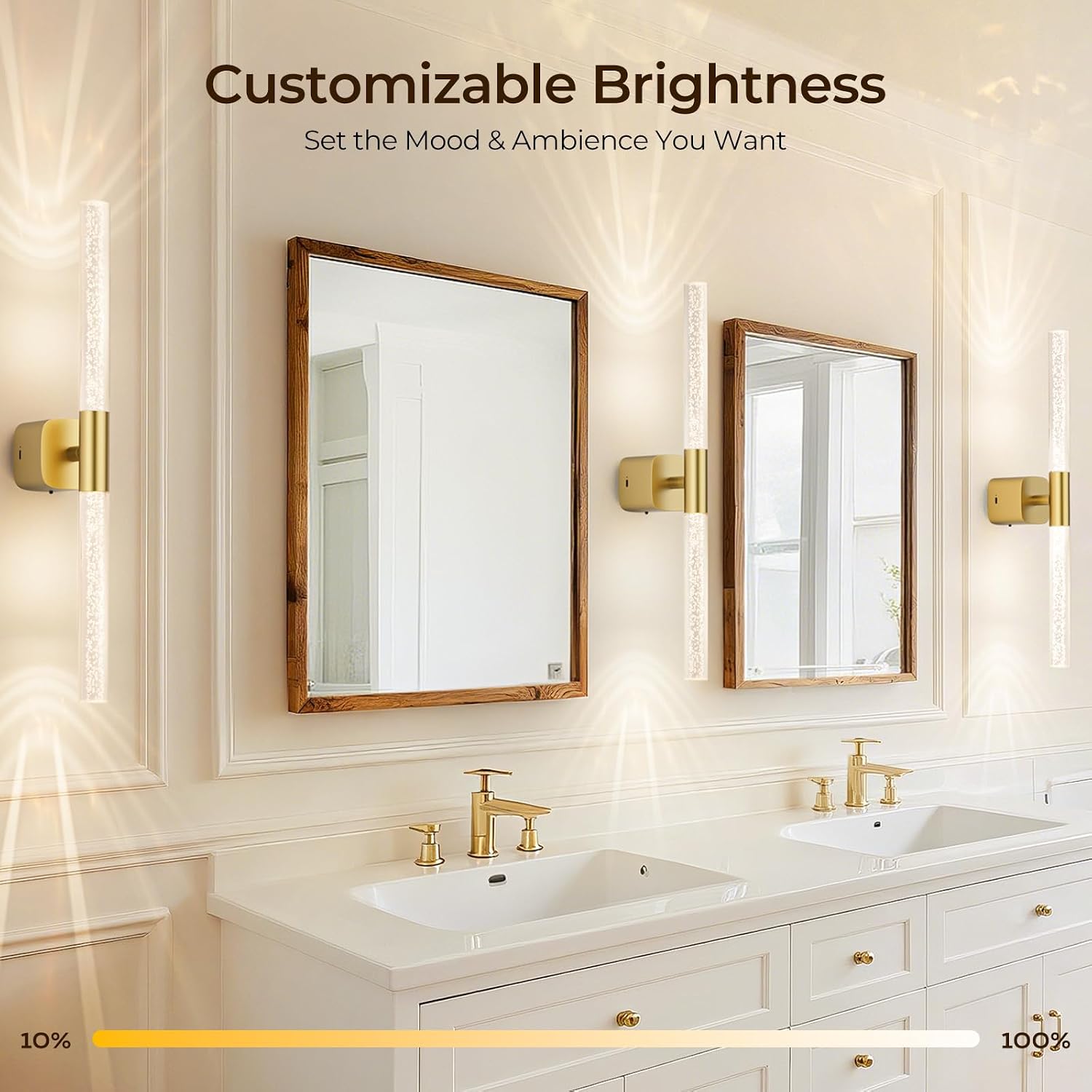 Battery Operated Wall Sconce Set of 2 Brushed Gold 12000mAh Rechargeable Wall Light with Crystal Acrylic 24' Wireless CCT Dimmable 350°Rotate Remote Wall Lamp for Bedroom Living Room