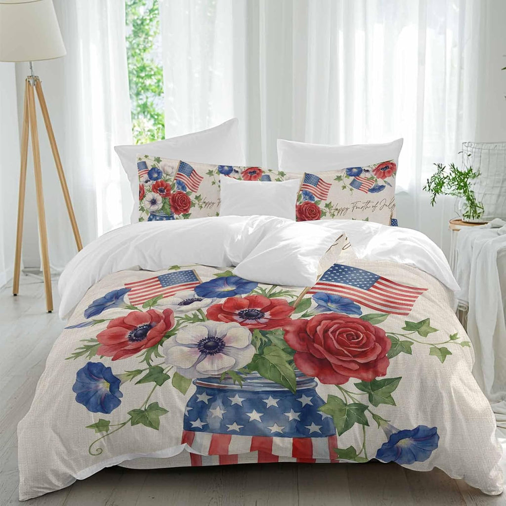 Happy Independence Day Duvet Cover Set Queen Size 4 Pieces U. S. Flag Flowers White Five-Pointed Stars Bedding Set with Zipper Closure, 1 Comforter Cover 92x106 Inches 1 Flat Sheet & 2 Pillow Cases