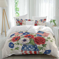 Happy Independence Day Duvet Cover Set Queen Size 4 Pieces U. S. Flag Flowers White Five-Pointed Stars Bedding Set with Zipper Closure, 1 Comforter Cover 92x106 Inches 1 Flat Sheet & 2 Pillow Cases