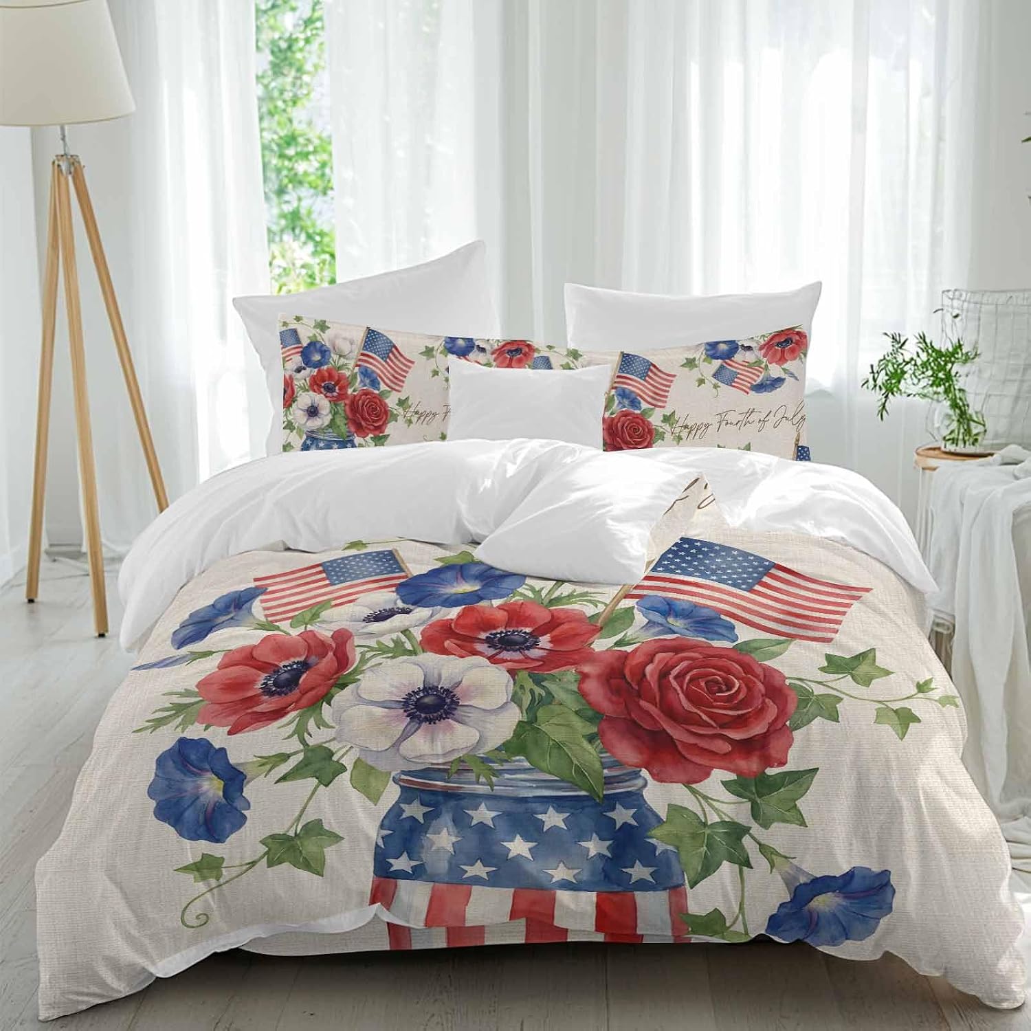 Happy Independence Day Duvet Cover Set Queen Size 4 Pieces U. S. Flag Flowers White Five-Pointed Stars Bedding Set with Zipper Closure, 1 Comforter Cover 92x106 Inches 1 Flat Sheet & 2 Pillow Cases