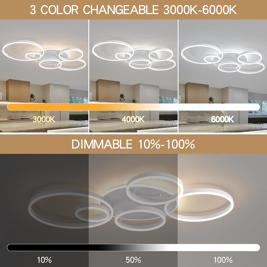 O'NEELDY Modern LED Ceiling Light White Flush Mount Ceiling Lights Fixtures Dimmable 47' Dining Room Light Fixture with Remote 6 Rings Kitchen Lighting Fixtures Ceiling Lamp for Bedroom,Living Room
