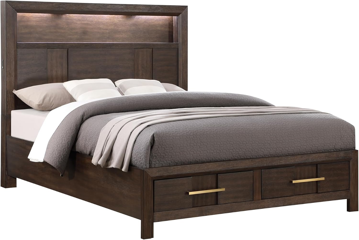 Full 4PC Storage Bedroom Set Made with Wood, LED Headboard, Speakers USB Ports Walnut