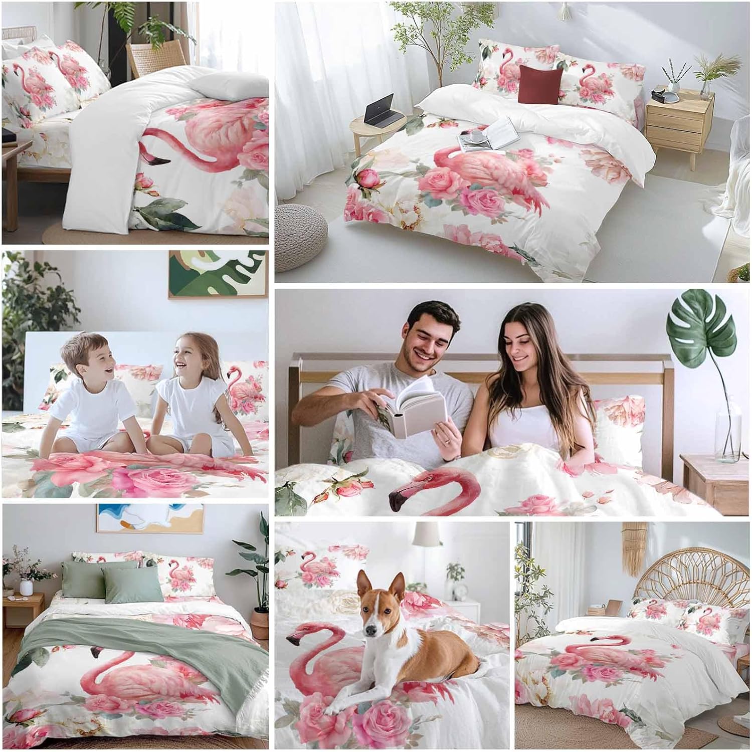 Prime Leader Flamingos Rose Duvet Cover Set Queen Size 4 Pieces Pink Watercolor Floral Spring Nature Bedding Set with Zipper Closure, 1 Comforter Cover 92x106 Inches 1 Flat Sheet & 2 Pillow Cases