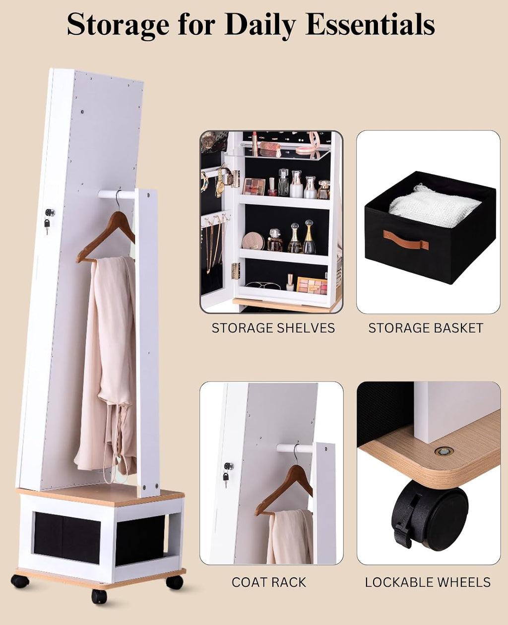 BTEXPERT 360 Swivel Jewelry Cabinet Armoire, Standing with Lights, Lockable Jewelry Organizer, 63' Rotating Full Length Frameless Mirror with Storage, 4 Wheels, White Lock Key