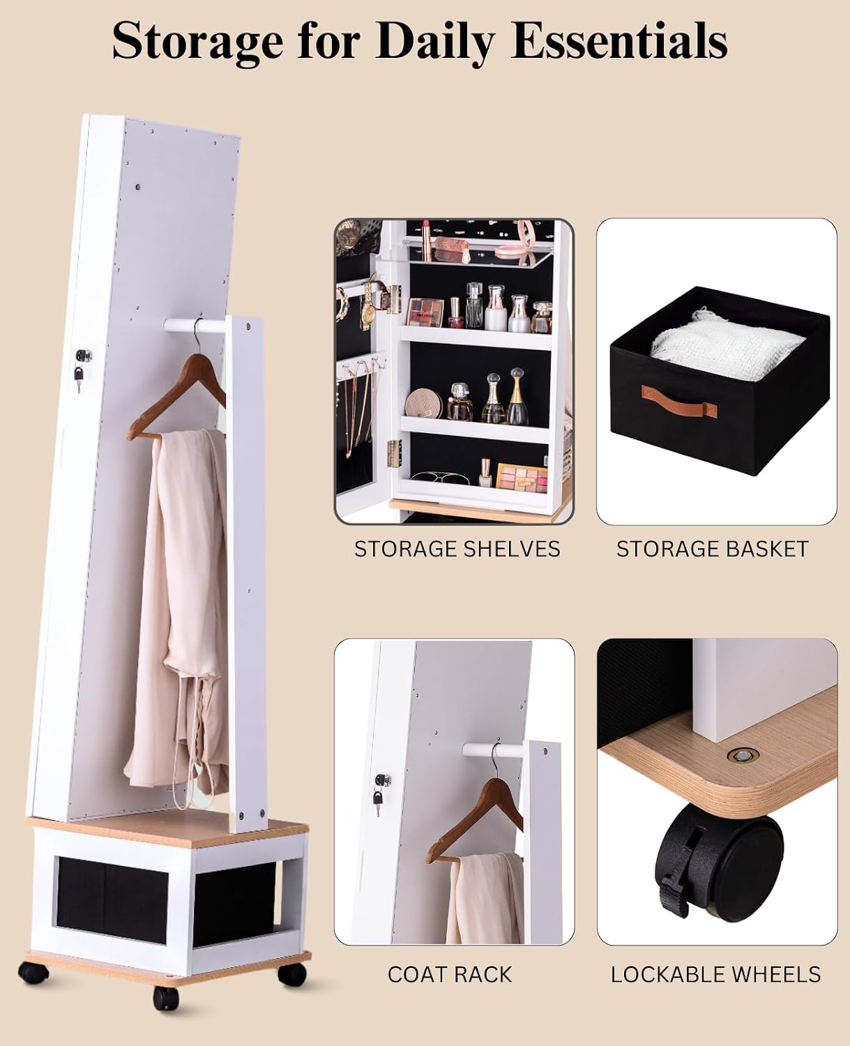 BTEXPERT 360 Swivel Jewelry Cabinet Armoire, Standing with Lights, Lockable Jewelry Organizer, 63' Rotating Full Length Frameless Mirror with Storage, 4 Wheels, White Lock Key