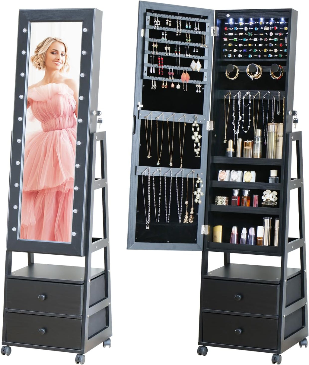 Jewelry Armoire Cabinet Organizer Standing with 20 LED Lights Lockable Full Length Mirror with Storage Shelves and 2 Drawers (Black) Adjustable Tilt Angles Gift for Her