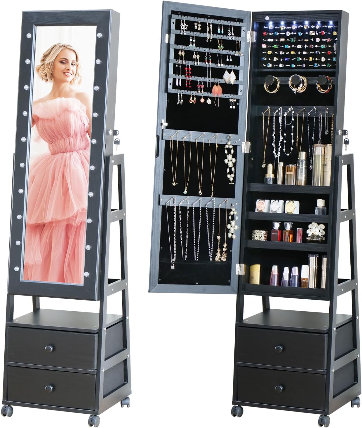 Jewelry Armoire Cabinet Organizer Standing with 20 LED Lights Lockable Full Length Mirror with Storage Shelves and 2 Drawers (Black) Adjustable Tilt Angles Gift for Her