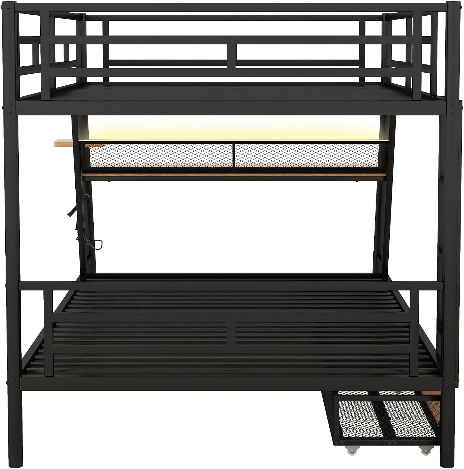 Full Size Metal Bunk Bed with Built-in Desk,Bed Frame W/Light Strip and 2 Large-Capacity Storage Drawers,for Bedroom,Apartment,Guest Room,Black