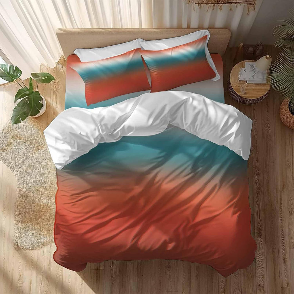 Bohemian Gradient Red Duvet Cover Set Queen Size 4 Pieces Modern Minimalist Red Blue Ocean Beach Bedding Set with Zipper Closure, 1 Comforter Cover 86x86 Inches 1 Flat Sheet & 2 Pillow Cases