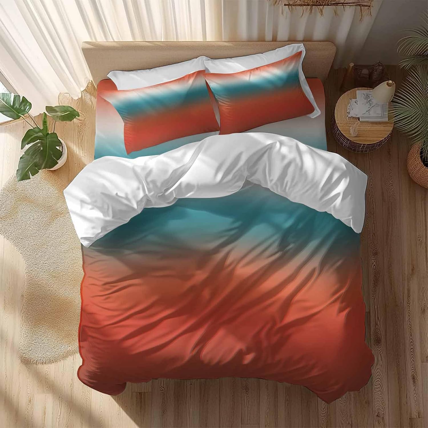 Bohemian Gradient Red Duvet Cover Set Queen Size 4 Pieces Modern Minimalist Red Blue Ocean Beach Bedding Set with Zipper Closure, 1 Comforter Cover 86x86 Inches 1 Flat Sheet & 2 Pillow Cases