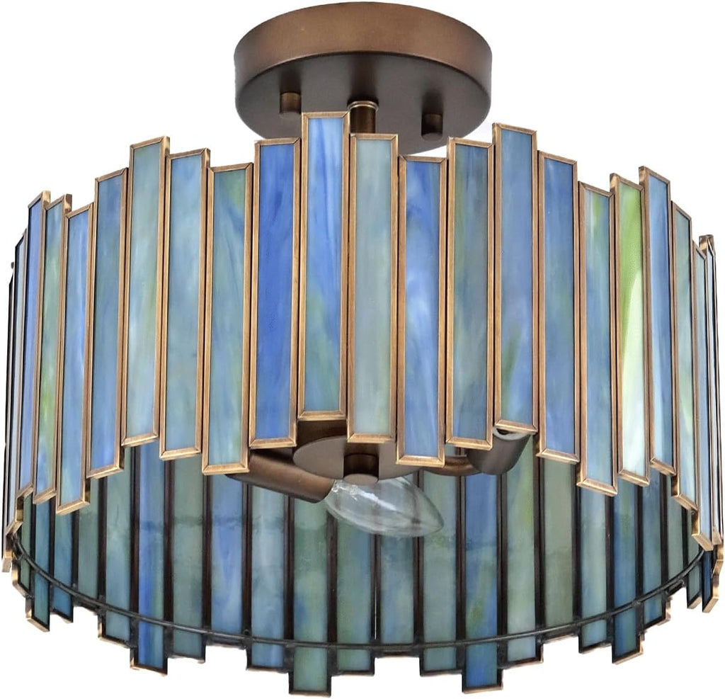 Antique Brass Ceiling Light Fixture in Drum Shape, 12.5' Semi Flush Mount Stained Tiffany Lamp with Aqua Green Glass, 3 Light Round Tiffany Style Lamp for Foyer Hallway Bedroom Kitchen