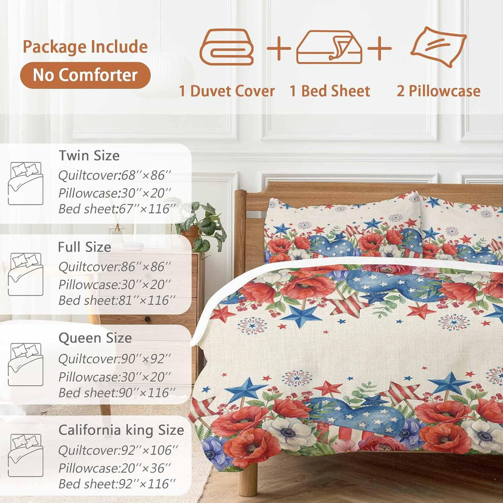 Independence Day Duvet Cover Set Queen Size 4 Pieces Blue Red White Floral Flower Love Heart Retro Bedding Set with Zipper Closure, 1 Comforter Cover 92x106 Inches 1 Flat Sheet & 2 Pillow Cases