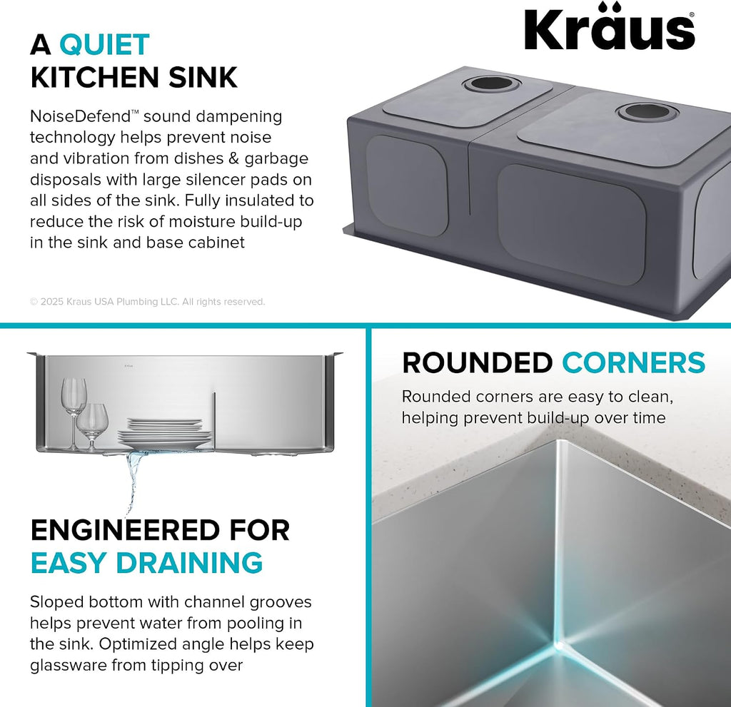 Kraus Kitchen Sinks Undermount - 32 Inch Stainless Steel Kitchen Sink, 60/40 Double Bowl, 16 Gauge, Model KHU103-32