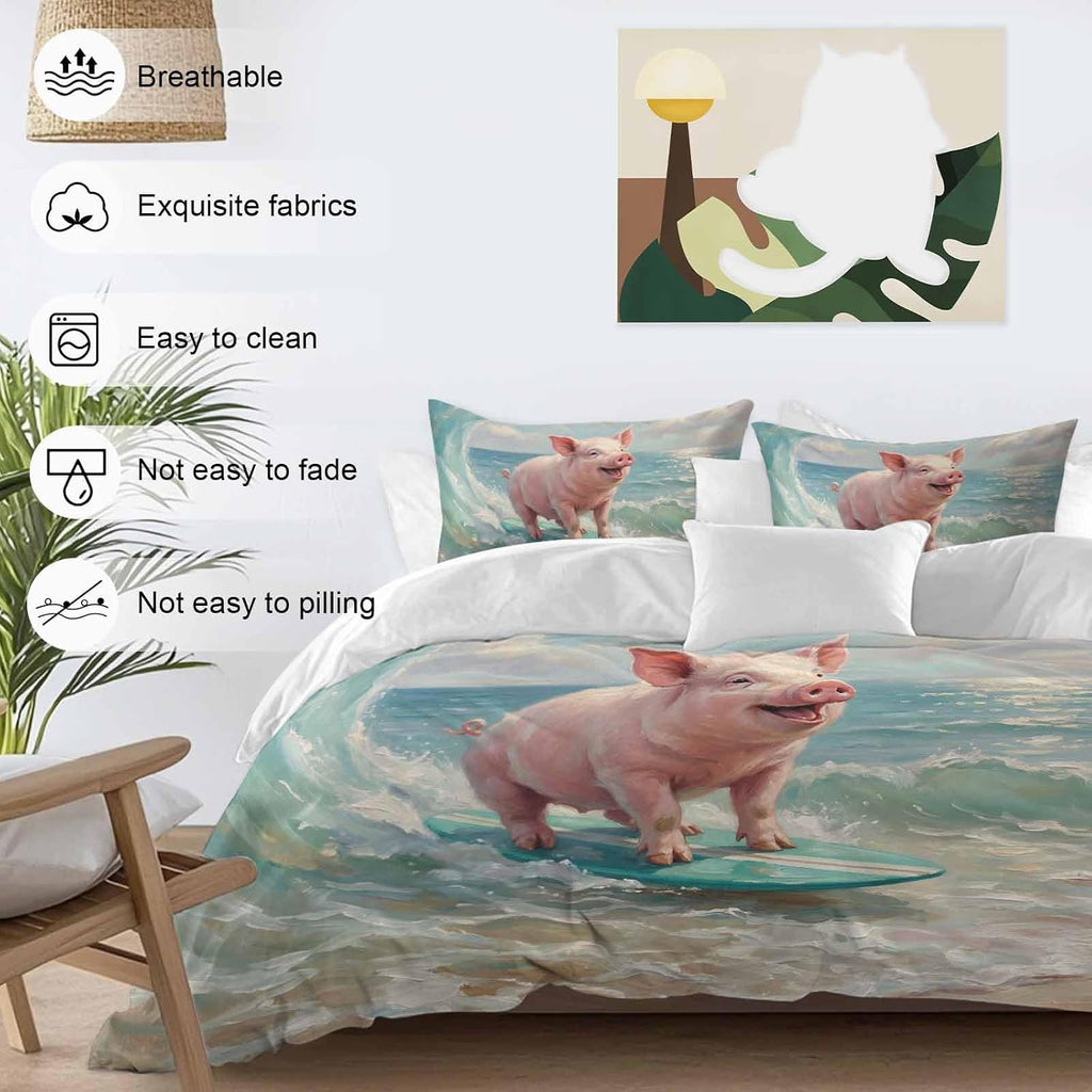 Summer Ocean Duvet Cover Set Queen Size 4 Pieces Watercolor Funny Pig Teal Surfboard Coastal Wave Bedding Set with Zipper Closure, 1 Comforter Cover 92x106 Inches 1 Flat Sheet & 2 Pillow Cases