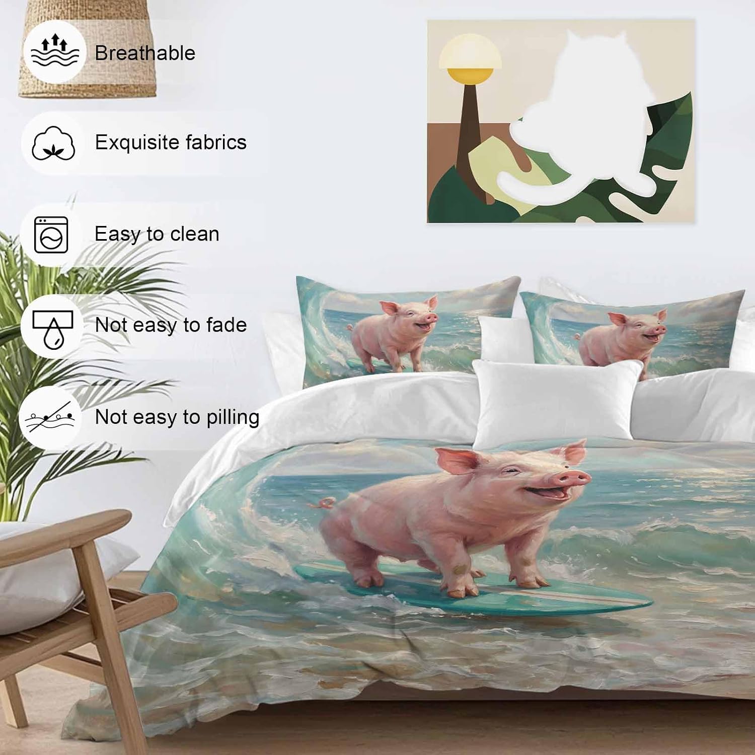 Summer Ocean Duvet Cover Set Queen Size 4 Pieces Watercolor Funny Pig Teal Surfboard Coastal Wave Bedding Set with Zipper Closure, 1 Comforter Cover 92x106 Inches 1 Flat Sheet & 2 Pillow Cases