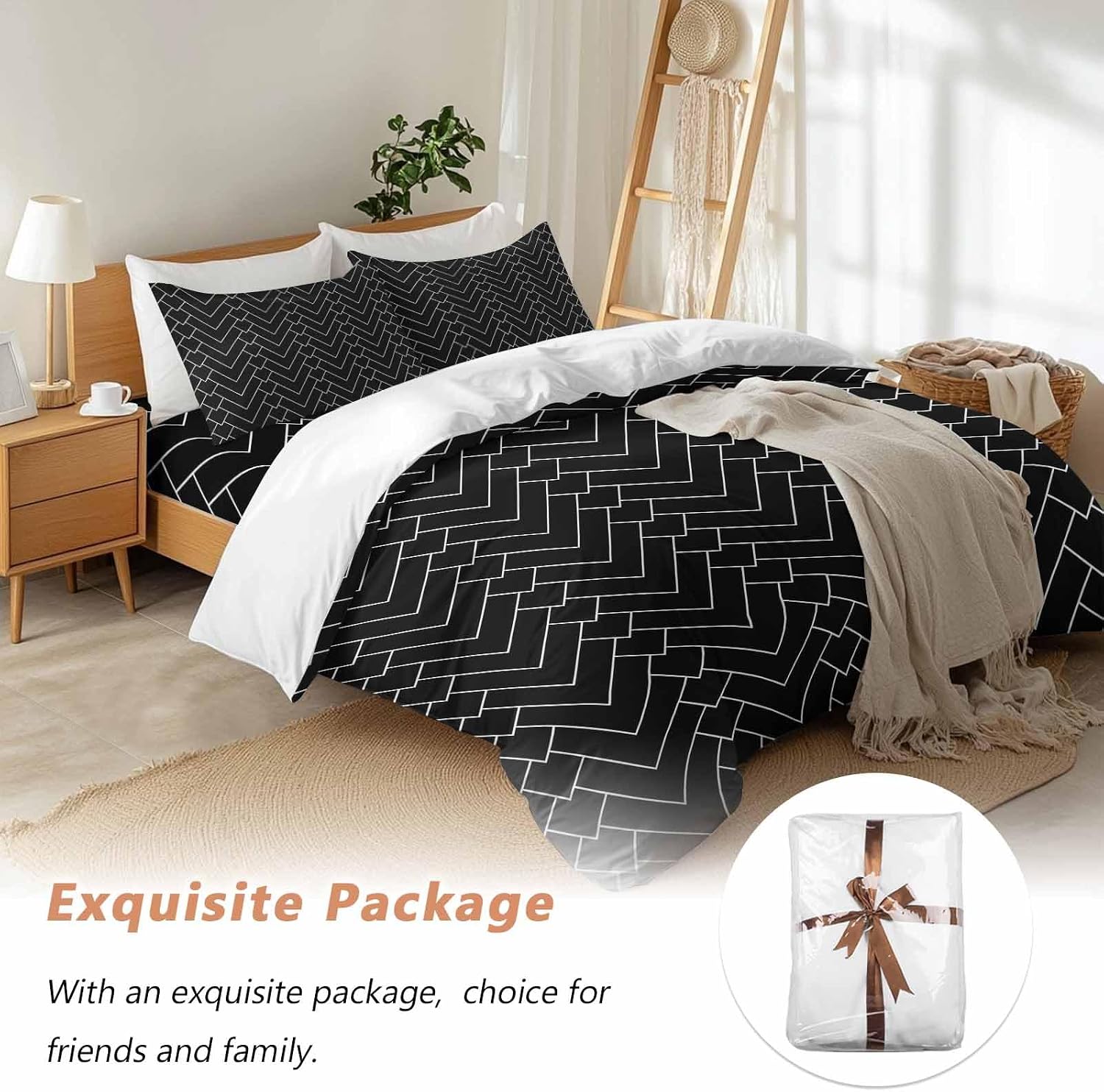 Prime Leader Abstract Line Duvet Cover Set Queen Size 4 Pieces Herringbone Black White Modern Simple Bedding Set with Zipper Closure, 1 Comforter Cover 92x106 Inches 1 Flat Sheet & 2 Pillow Cases