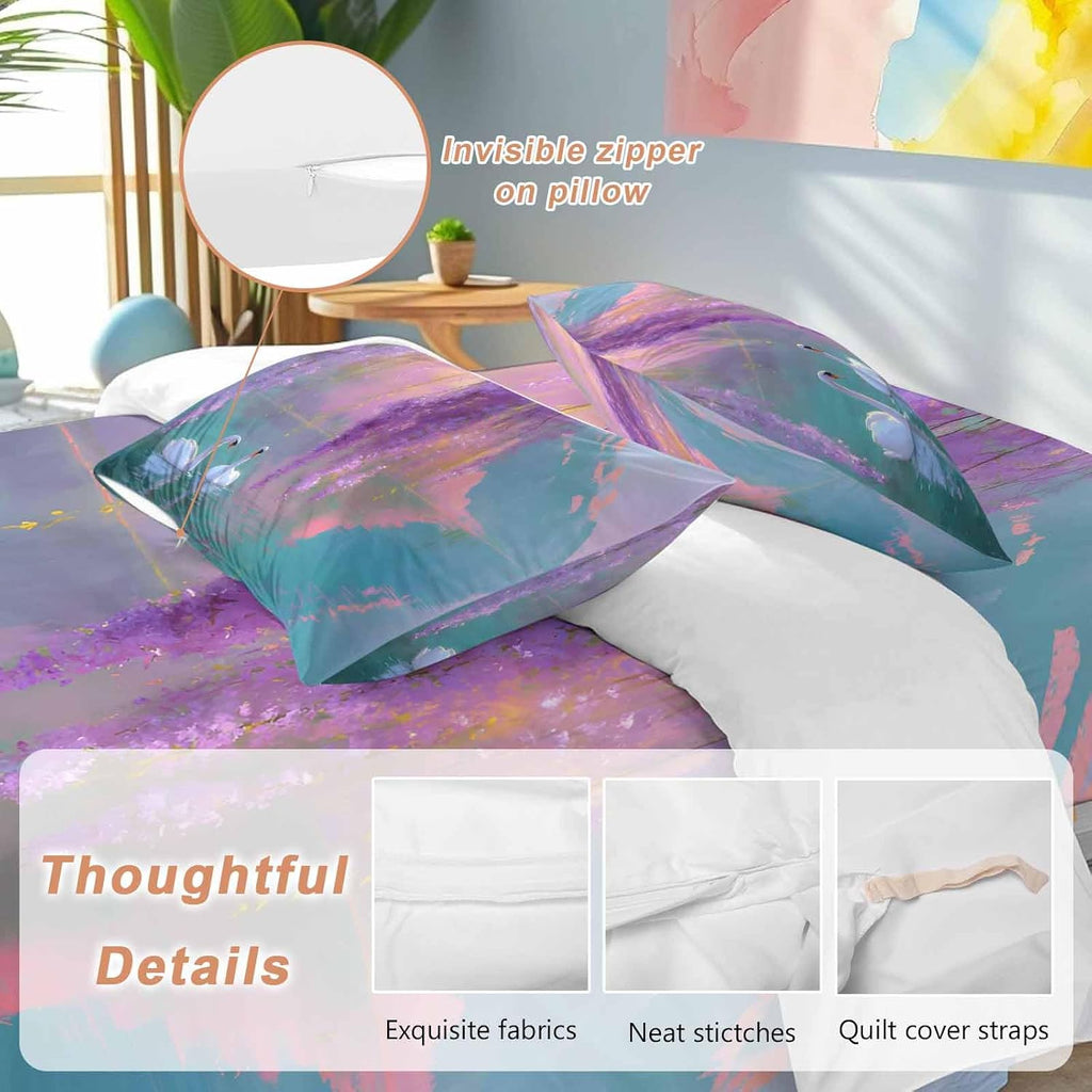 Swan Duvet Cover Set Queen Size 4 Pieces Oil Painting Spring Wisteria Gradient Pink Green Lake Bedding Set with Zipper Closure, 1 Comforter Cover 92x106 Inches 1 Flat Sheet & 2 Pillow Cases