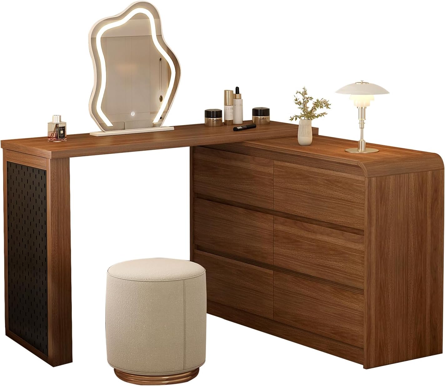 Makeup Vanity Desk with Cloud Shape Touch Screen Mirror, 50-94 in Adjustable Vanity Table Set with Chair, Bedroom Elegant Dressing Table for Women with 6 Drawer Rounded Corners Storage Cabinet, Brown